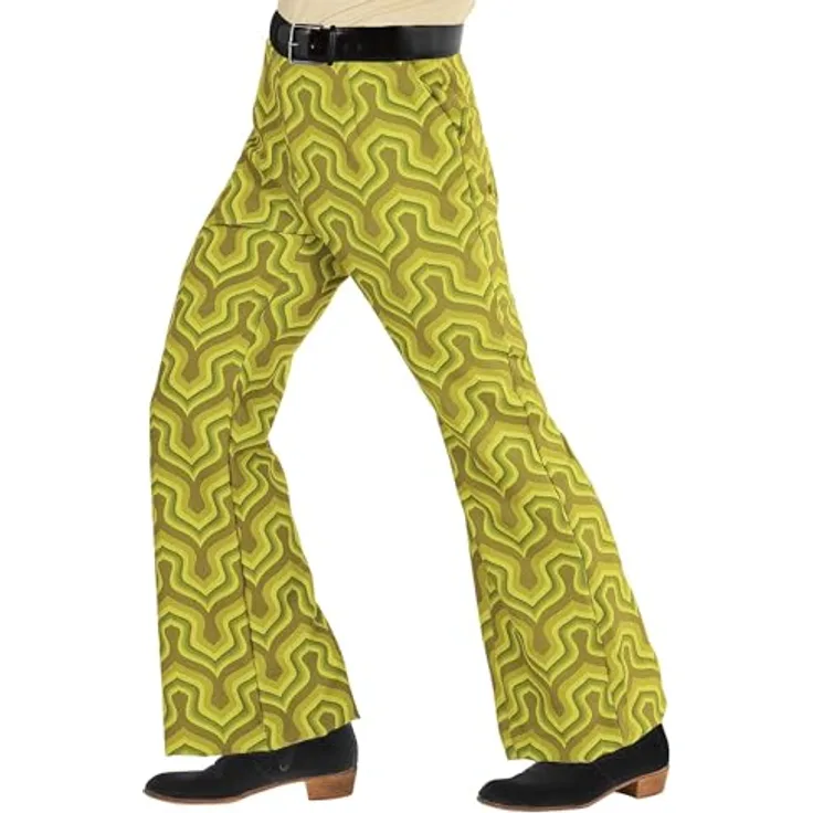 WIDMANN MILANO Party Fashion 70er Jahre Herrenhose, Grün, Karneval, Mottoparty, Schlaghose, 100 % Polyester, Größe L/XL, gemustert