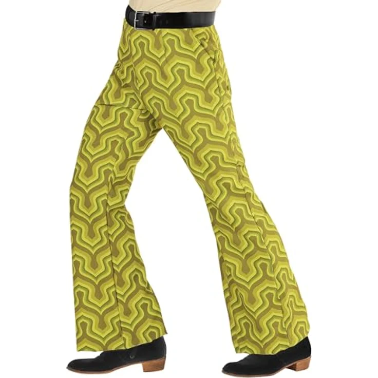 WIDMANN MILANO Party Fashion 70er Jahre Herrenhose, Grün, Karneval, Mottoparty, Schlaghose, 100 % Polyester, Größe L/XL, gemustert – Bild 1