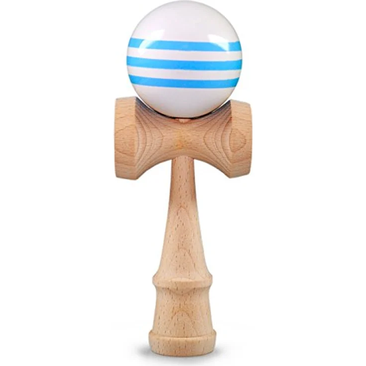 Ganzoo Kendama, Geschicklichkeitsspiel aus Buchenholz mit 3 Fangtellern und Spike, Holzkugel mit Loch, 16 cm, weiß-blau – Bild 1