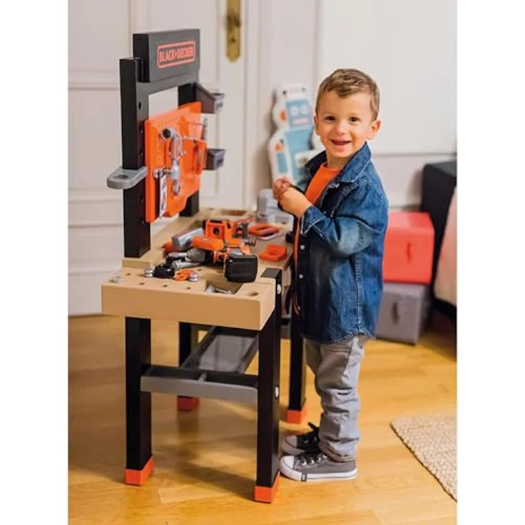 Smoby Spielwerkbank Black + Decker Werkbank Center, Kinderwerkbank mit großer Holzstruktur-Arbeitsfläche und Akkuschrauber, für Kinder ab 3 Jahren – Bild 4