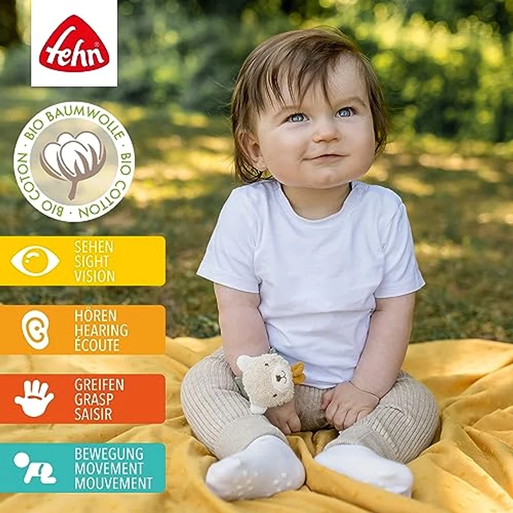 Fehn Rasselarmband Bär fehnNATUR – Activity-Armband mit Rassel und Bio-Baumwolle (kbA) zum Greifen, Bewegen & Geräusche erzeugen – Lernspielzeug für Babys und Kleinkinder ab 0+ Monaten – Bild 2