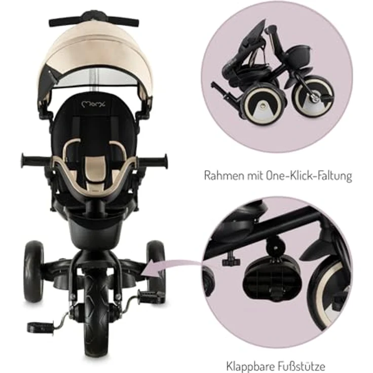 MoMi IVI 3-in-1 Kinderdreirad, beige, mit 360° drehbarem Sitz, Schiebestange & Sonnendach, 3-Punkt-Gurt, PU-Räder – Bild 7