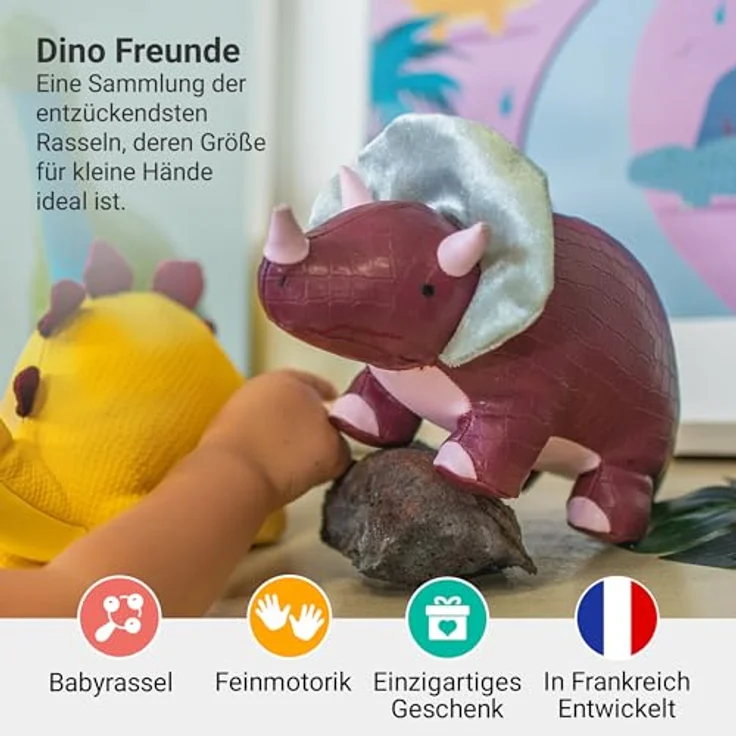 Little Big Friends Penelope der Triceratops, Sensorisches Kuscheltier aus veganem Leder mit Farben, Texturen und bimmelnder Glocke, leicht zu reinigen – Bild 3