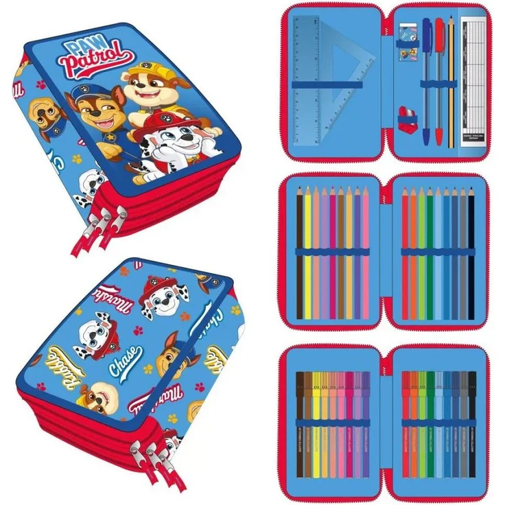 PAW PATROL Federmäppchen Paw Patrol Rescue Crew, gefüllt, 3-stöckig, blau mit roten Reißverschlüssen, ideal für Grundschulkinder