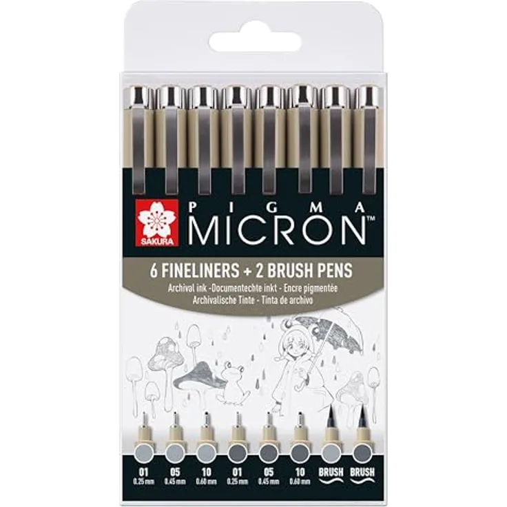Sakura Pigma Micron Fineliner-Set, farbsortiert, 8 St., 0,25 + 0,45 + 0,60 mm, wischfest und dokumentenecht