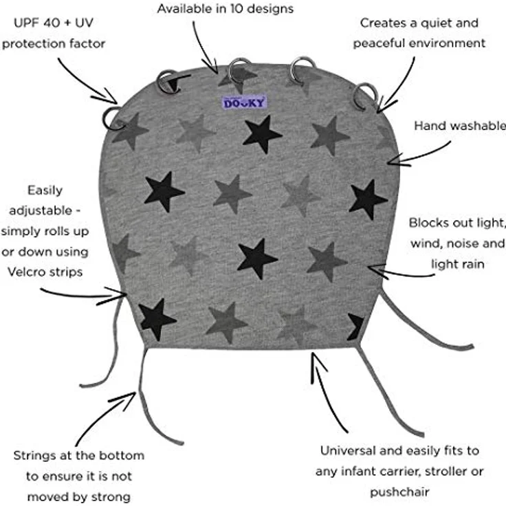 Dooky Universal Sonnenschutz, Wetterschutz für Babyschale, Kinderwagen,Buggy(UV-Schutz LSF40+, TÜV getestet, universelle Passform, stylisher Windschutz, Baby Erstausstattung),Twinkle Stars,DOOKY126620 – Bild 6