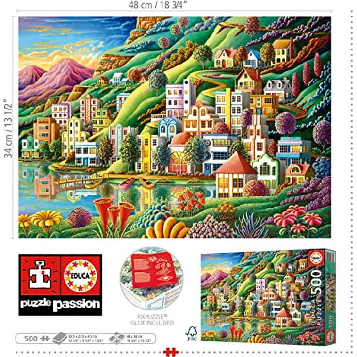 Educa Puzzle 500 Teile "Buntes Dorf am See", hochwertige Landschaftsillustration für Erwachsene und Kinder ab 11 Jahren, 48 x 34 cm – Bild 3