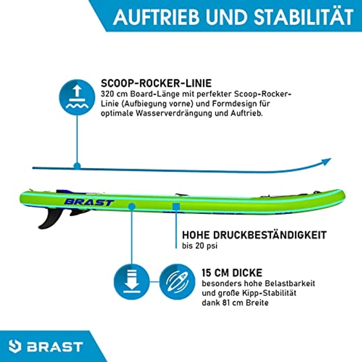 BRAST SUP Board SUPER Set Aufblasbares Stand up Paddle mit extra Zubehör 320x81x15cm Grün incl. Kajaksitz Kamerahalterung Paddel Fußschleife Rucksack Pumpe - Preisvergleich – Bild 7