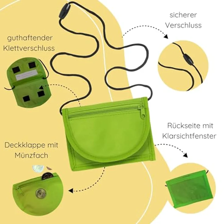 minimutz Kinder Geldbeutel, Geldbörse zum Umhängen mit Sichtfenster für Busausweis, Brustbeutel zum Schulanfang, grün, 100% Polyester, Klettverschluss, Reißverschluss – Bild 4