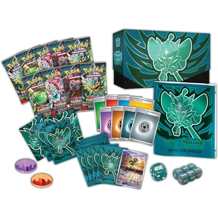 Pokémon-Sammelkartenspiel: Top-Trainer-Box Karmesin & Purpur – Maskerade im Zwielicht (1 Vollbild-Promokarte mit Türkisgrüne-Maske-Ogerpon, 9 Boosterpacks & Premium-Zubehör) – Bild 5