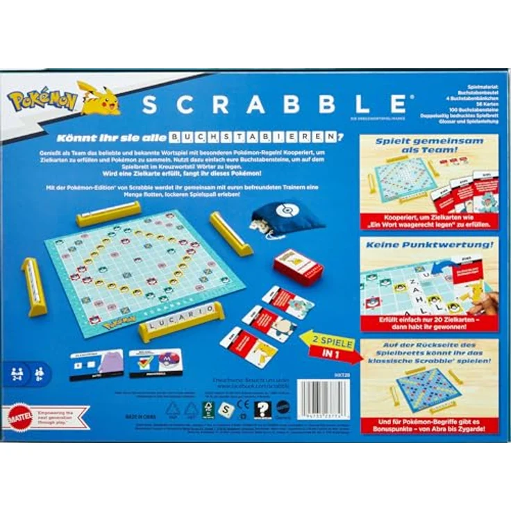 Mattel Games Scrabble Pokémon-Brettspiel, Familienwortspiel mit 50 Herausforderungskarten, Pokémon-Charakteren, Deutsche Version, HXT28 – Bild 4