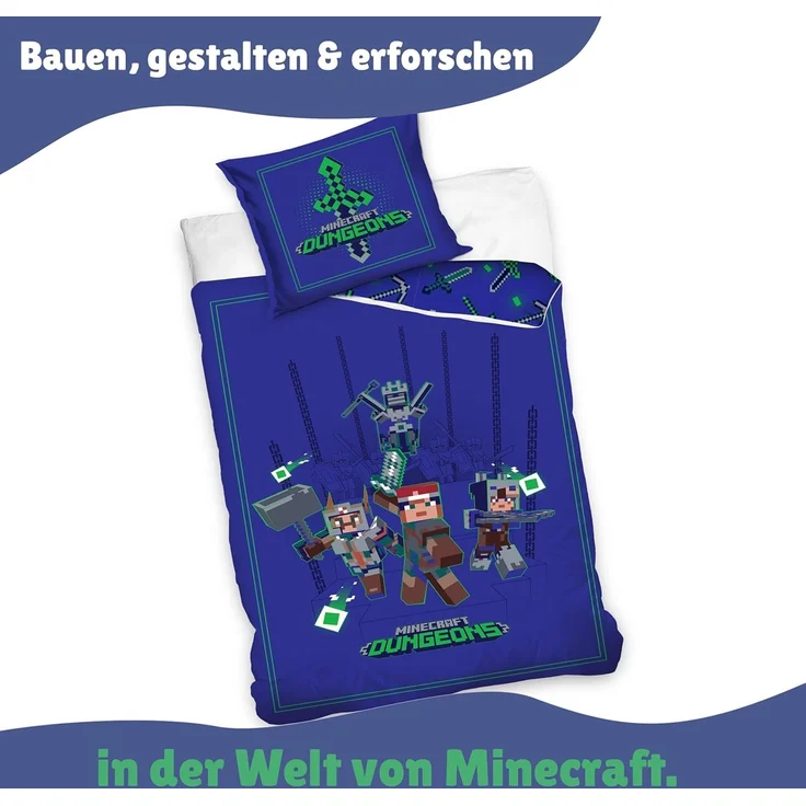 Minecraft Bettwäsche Set für Jungen Kinderbettwäsche 135x200 80x80 cm Motiv Ores mit Steve und Creeper – Bild 3