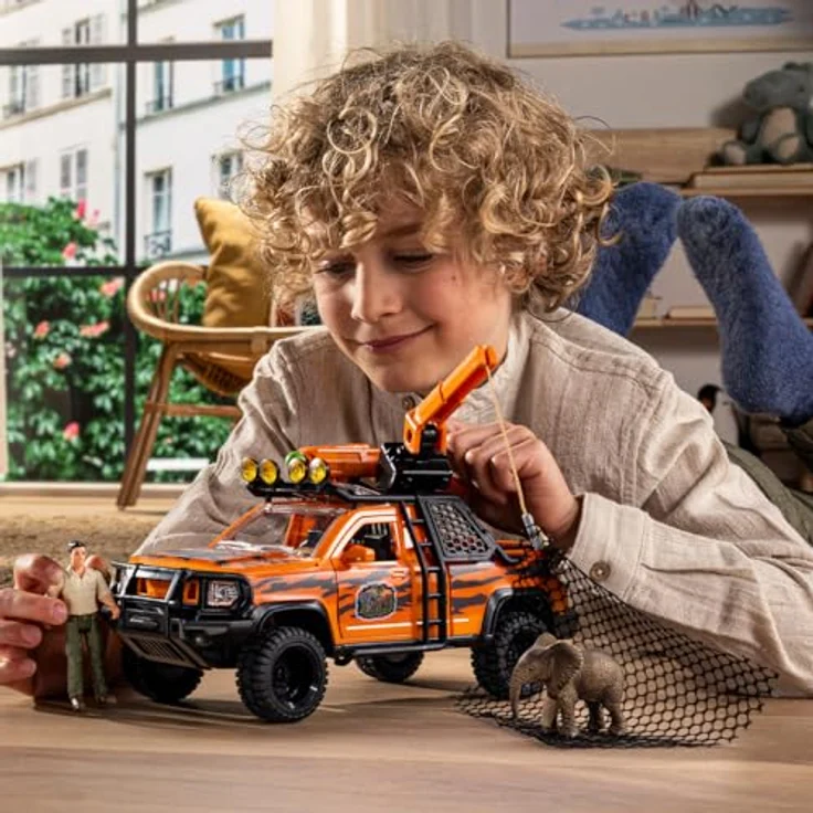 Schleich Abenteuerfahrzeug im Dschungel (42720) Wild Life, mit beweglichem Kran und Tierrettungsnetz, Camouflage Aufkleber, grün – Bild 2