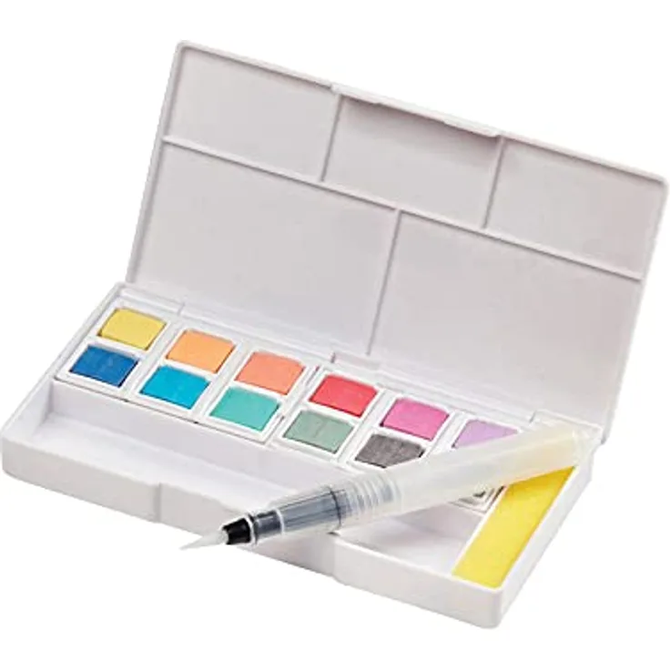 Derwent Pastellfarben-Set 12 Sortierte Pastellfarben-Töpfchen, Inklusive Mini-Wassertankpinsel, 5 Mischpaletten, Tragbares Farbset, 2305865