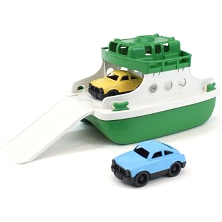 Green Toys Fähre mit Fahrzeugen, Spielboot aus 100% recyceltem Kunststoff, grün weiß – Bild 2