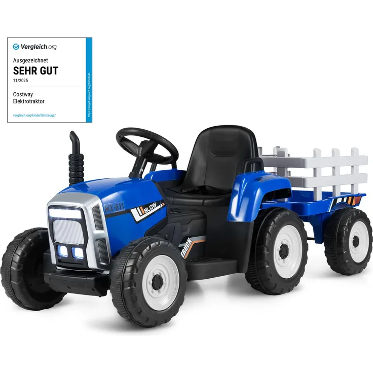 COSTWAY 12V Kinder Elektroauto Traktor, 3-Gang mit abnehmbarem Anhänger, 2,4-GHz-Fernbedienung, LED Lichter, Musik & USB, geeignet für Kinder 3+, blau