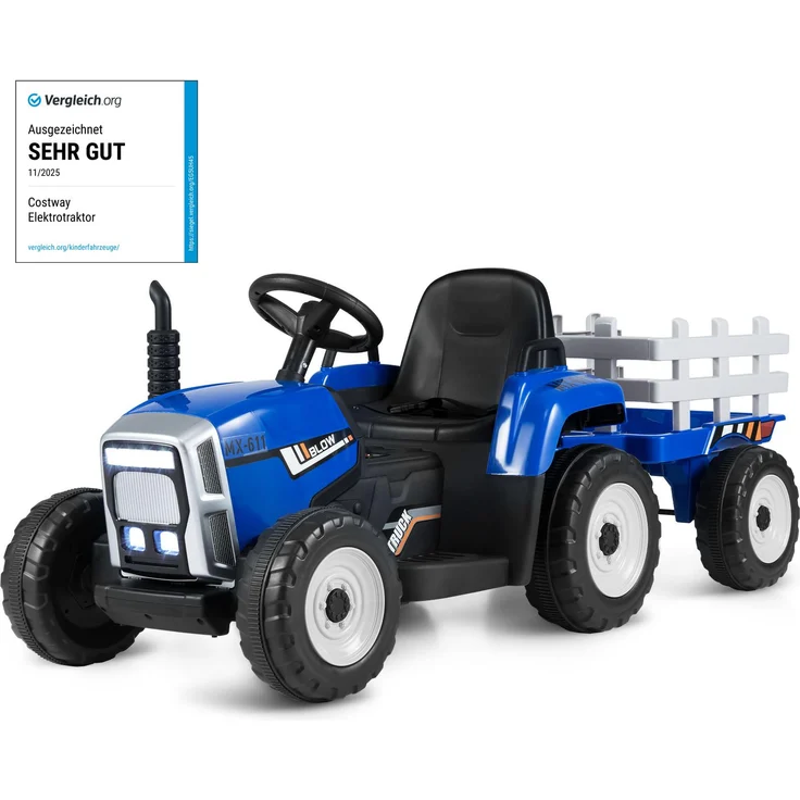 COSTWAY 12V Kinder Elektroauto Traktor, 3-Gang mit abnehmbarem Anhänger, 2,4-GHz-Fernbedienung, LED Lichter, Musik & USB, geeignet für Kinder 3+, blau