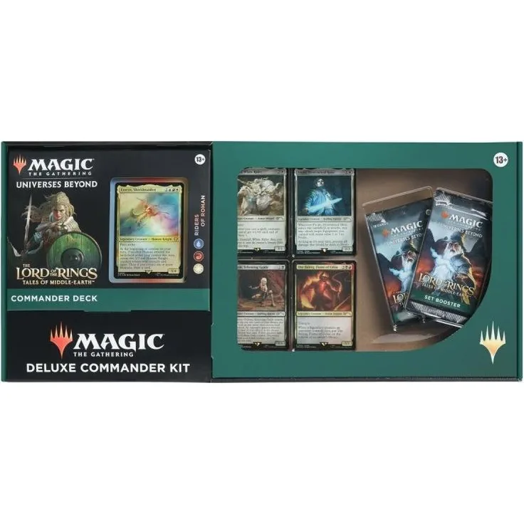 Magic The Gathering TCG The Lord Of The Rings Riders Of Rohan Deluxe Commander Kit, inkl. 2 Set Booster und 4 Foil-Promokarten, beschädigt