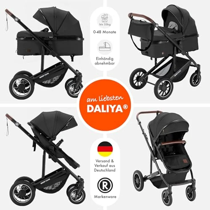 Daliya FLEXI-PRO M 2in1 Kombikinderwagen, klappbar mit Liegefunktion, höhenverstellbar, Dunkelgrau Leinen, für Neugeborene & Kleinkinder, mit großem Einkaufskorb – Bild 2
