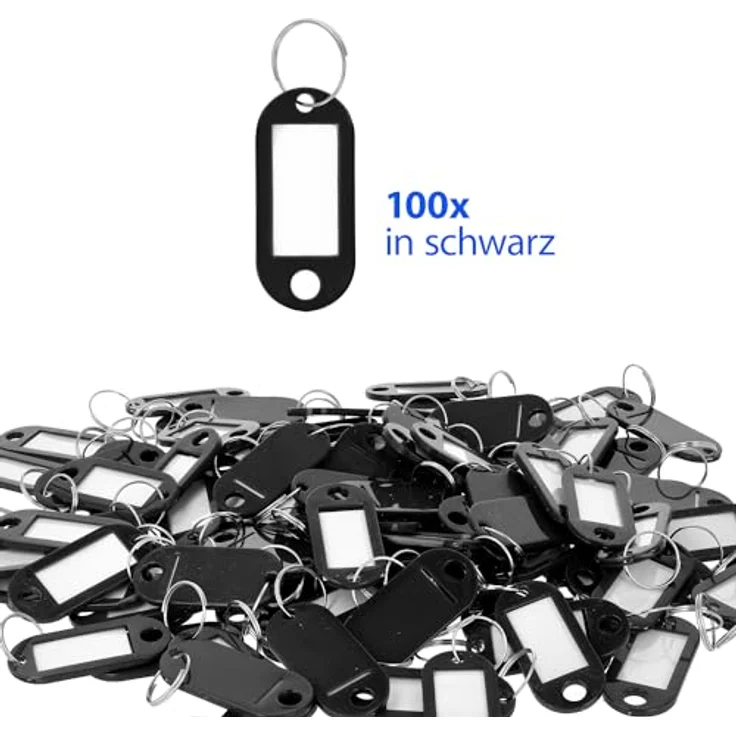 Westcott Schlüsselanhänger 100 Stück | 100er Pack robuste Anhänger zum Beschriften mit austauschbaren Etiketten | Mit Metall-Ring in Schwarz – Bild 2
