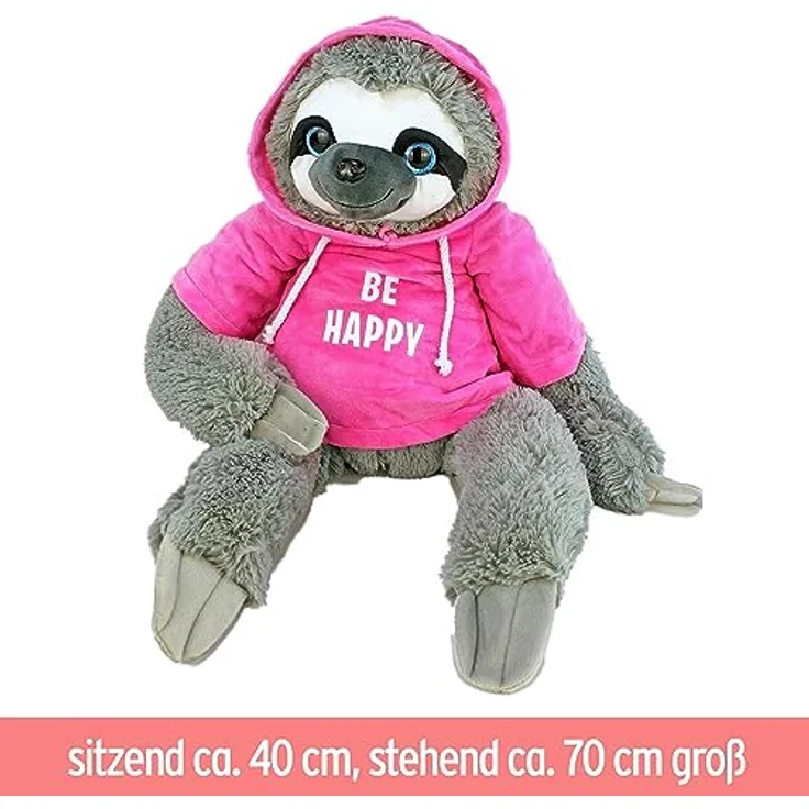 BEMIRO Faultier Kuscheltier rosa mit Pullover Be Happy - ca. 70 cm, Faultier Kuscheltier mit Pulli, Kletthände zum anhängen, Plüschtier Faultier mit Hoodie – Bild 3
