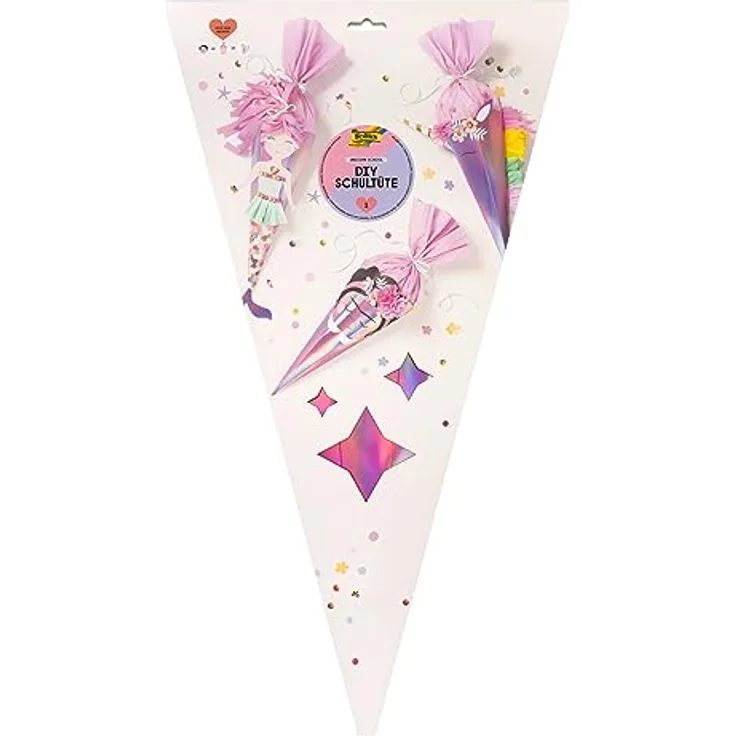 folia 92702 - Schultüte Bastelset UNICORN SCHOOL, Bastelmaterial für eine Zuckertüte, gestaltbar als Einhorn, Frida oder Meerjungfrau, ca. 68 cm