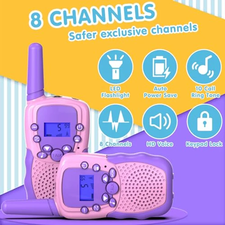 Kearui Walkie Talkie für Kinder 3-12 Jahre, 8 Kanal Funkgerät mit VOX Funktion und LED-Taschenlampe, 3 Meilen Reichweite, Rosa-Violett – Bild 3