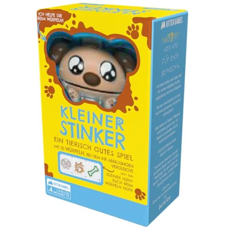 Exploding Kittens Kleiner Stinker, Kinderspiel für 2-5 Spieler, ab 4 Jahren, 5 Minuten Spielzeit, Deutsch, mit 20 Würfeln und Hunde-Würfelbecher – Bild 3