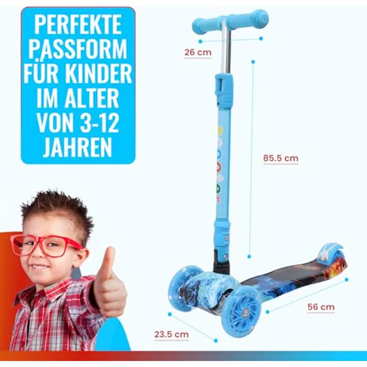 Europebazar Habib Kinderroller Metall-Roller 3-Rad mit verstellbarem Lenker, LED Licht, klappbar, bis 50kg, Blau – Bild 8