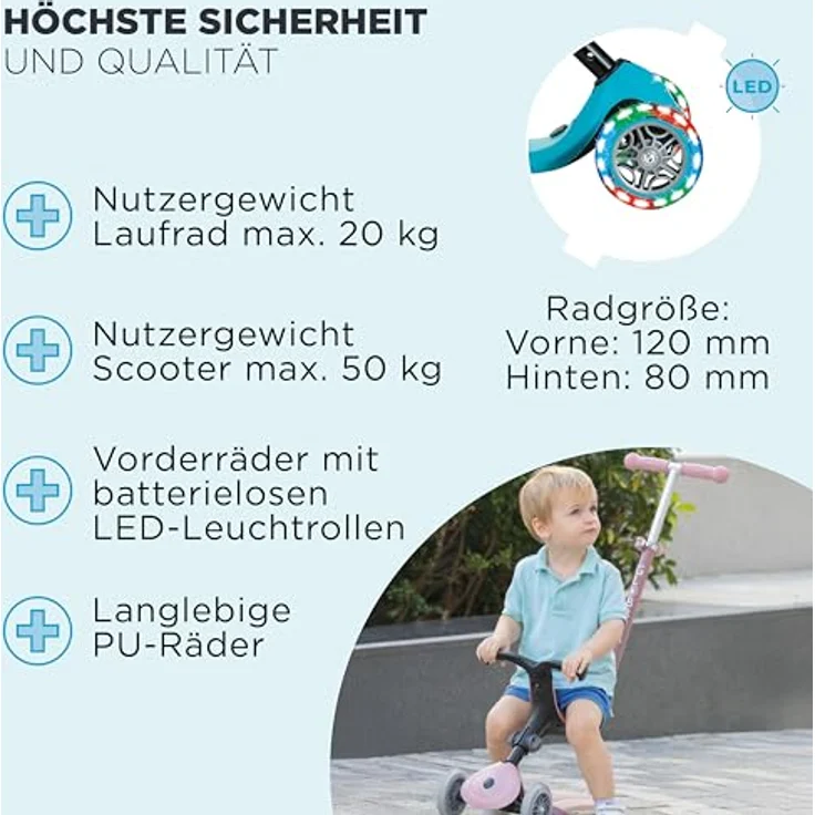 Globber Go Up Active Lights 360 aqua, 3-in-1 Scooter mit LED-Rädern und 360°-Elternlenkung – Bild 7