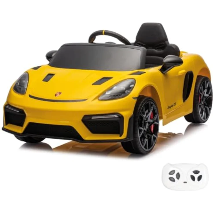 Vrooomy Porsche 718 Spyder RS, Kinder Elektroauto 12V mit Fernbedienung, für 1 bis 5 Jahre, Gelb, MP3-Player, Sicherheitsgurt, LED-Beleuchtung – Bild 1
