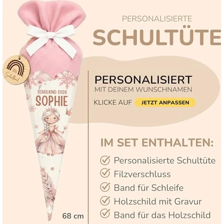 Kidsmood personalisierte Schultüte Prinzessin, Zuckertüte für Einschulung inkl. Rohling, Filz-Stoff & Holzschild, rosa, für Schulkind 2026 – Bild 4