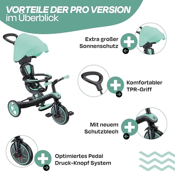 Globber Explorer Trike 4in1 Pro in Mint – Dreirad, Laufrad und Kinderwagen in 10/8,5 Zoll – TPR-Sitz – höhenverstellbares Kinderfahrzeug – Bild 2