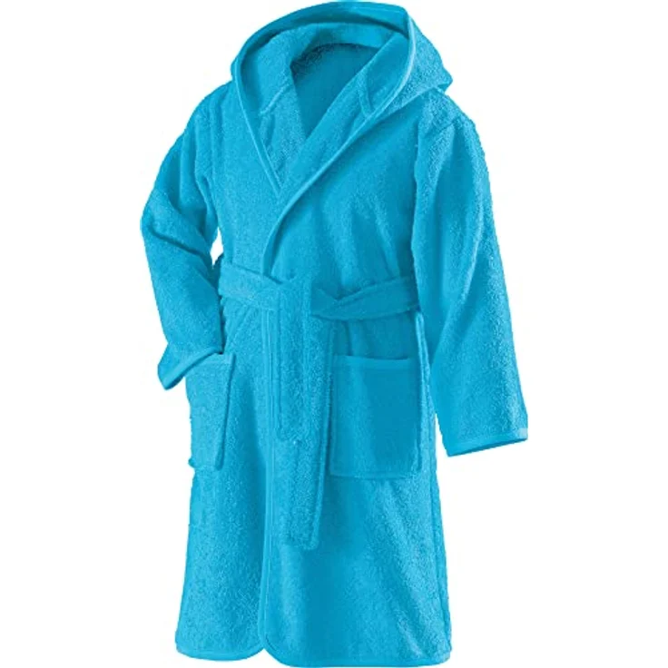 Erwin Müller Kinder-Bademantel mit Kapuze uni Frottier türkis Größe 122/128 - weich, flauschig, saugstark, mit Bindegürtel und Taschen, 100% Baumwolle (weitere Farben, Größen)
