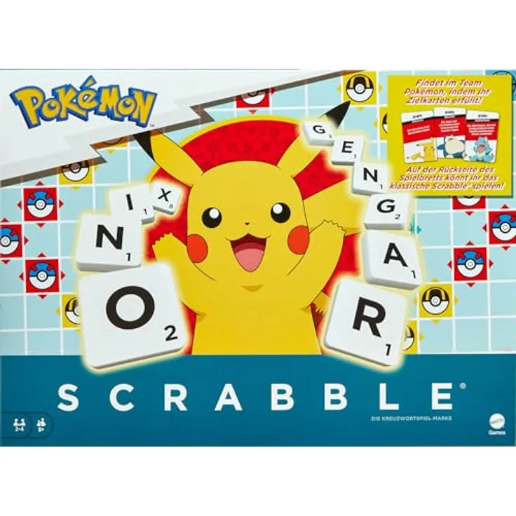 Mattel Games Scrabble Pokémon-Brettspiel, Familienwortspiel mit 50 Herausforderungskarten, Pokémon-Charakteren, Deutsche Version, HXT28
