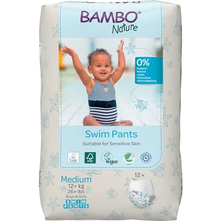Bambo Nature Schwimmwindel Baby, Größe M (12+ kg), 12 St. Windeln | Secure-Fit Einweg-Badehose | Auslaufsicherer Komfort beim Wasserspiel