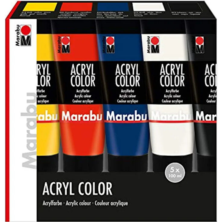 Marabu Acryl Color Set 1201000000087, 5 x 100 ml in Gelb, Zinnoberrot, Dunkelblau, Weiß und Schwarz, seidenmatte Acrylfarbe auf Wasserbasis, schnell trocknend, gut deckend, mischbar