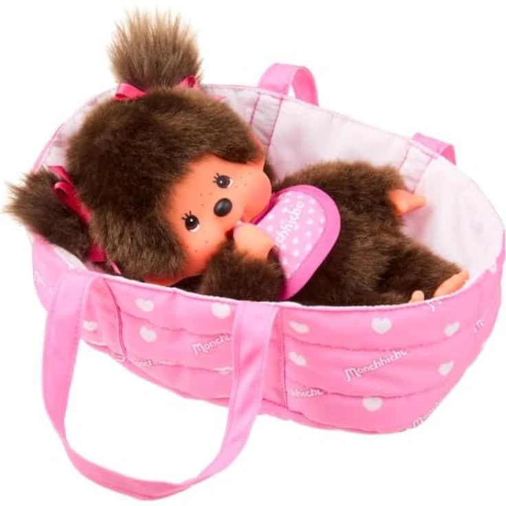 Monchhichi Kuschelpuppe mit Tragetasche, 20 cm, Mädchen, rosafarbene Tasche, Weichkörper mit Kunststoff-Kopf – Bild 1