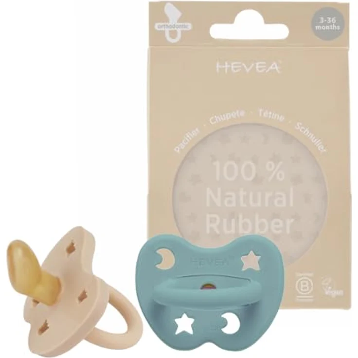 HEVEA Naturkautschuk Schnuller kiefergerecht, 3-36 Monate - hygienisches einteiliges Design, BPA-frei, weich & langlebig - 2er Pack (Sand & Meeresblau) – Bild 1