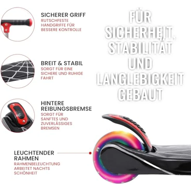 Habib Gruppe Kinderroller, Klappbarer Tretroller mit LED Leuchträdern, Höhenverstellbar für 3-12 Jahre, Schwarz Spinnennetz Design, rutschfeste Griffe & Hinterradbremse – Bild 2