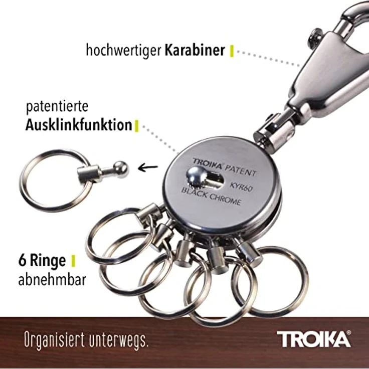 TROIKA Schlüsselanhänger PATENT, inkl. Karabinerhaken und 6 ausklinkbare Ringe, Black Chrome Look – Bild 2