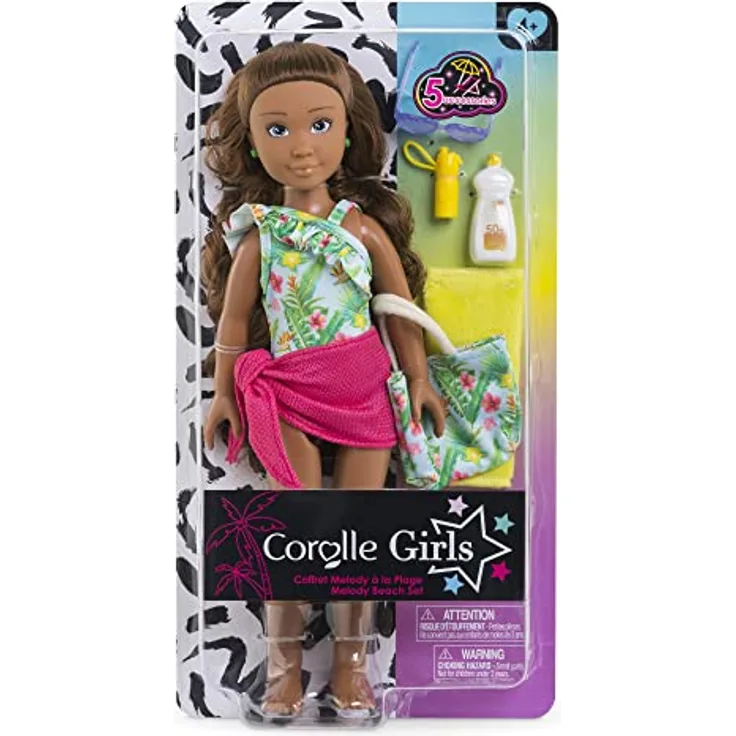 Corolle 9000600120 Girls Melody Set, Ankleidepuppe im süßen Beach Outfit und 5 Teile, Vanilleduft, 28cm, ab 4 Jahre, Mehrfarbig