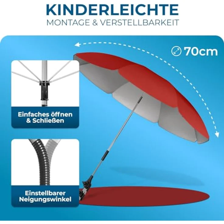 STYNGARD Sonnenschirm Kinderwagen Modell ROME, UV Schutz 50+, 70 cm Durchmesser mit Überhang, rot – Bild 5
