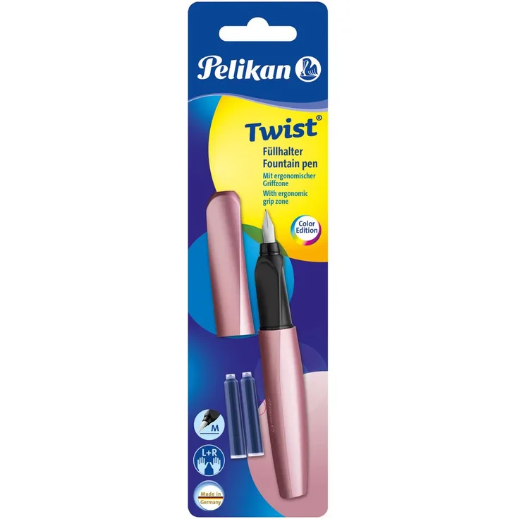 Pelikan Füllfederhalter Twist, Girly Rose, Edelstahlfeder M, ergonomisch, für Rechts- und Linkshänder