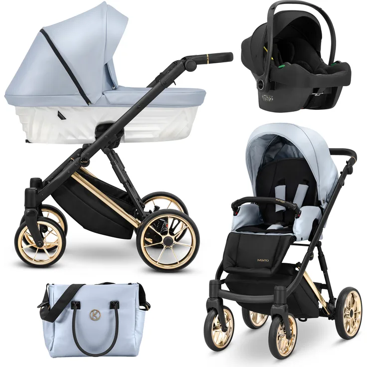 Kunert IVENTO PREMIUM 3in1 Kombikinderwagen, Baby Blue Metallic mit Goldrahmen, große geländetaugliche Räder, antibakterielle Bambusmatratze, inkl. Zubehör