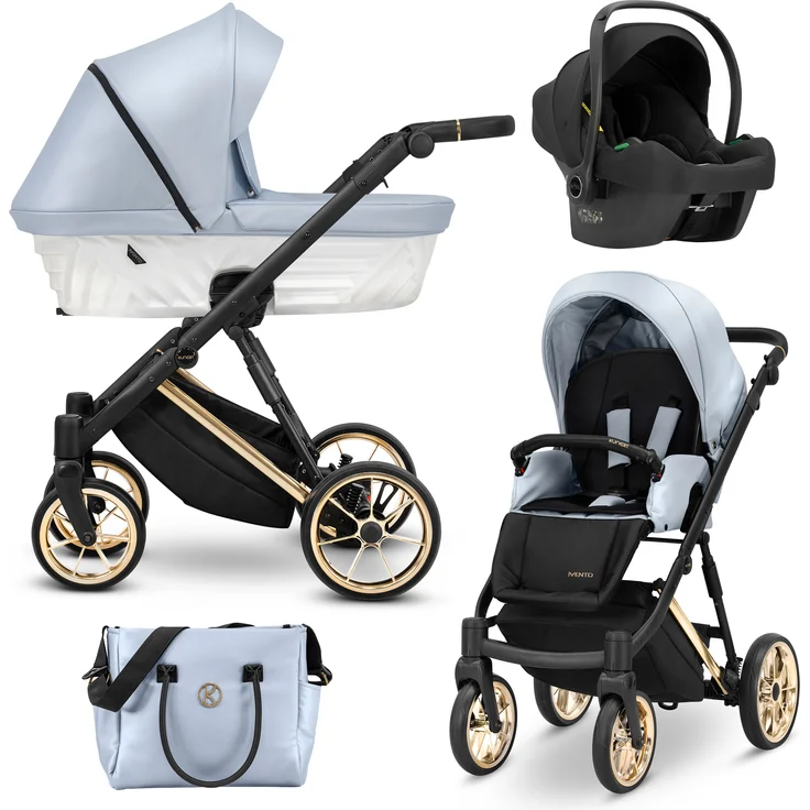 Kunert IVENTO PREMIUM 3in1 Kombikinderwagen, Baby Blue Metallic mit Goldrahmen, große geländetaugliche Räder, antibakterielle Bambusmatratze, inkl. Zubehör