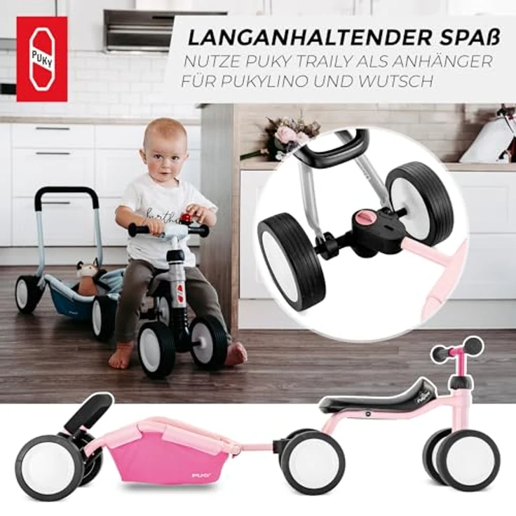 Puky Traily, 3-in-1 Lauflernwagen und Anhänger mit höhenverstellbarer Schiebestange, stabiler Fahrzeuggeometrie und abwaschbarem Transport-Ablagefach, bunt – Bild 4