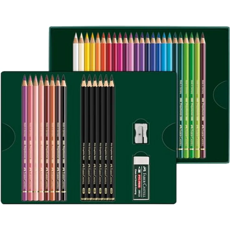 Faber-Castell 210053 Polychromos Malstifte, 32er-Buntstifte-Set mit 3,8-mm-Minen, inklusive 6 Pitt Graphite Mat Bleistifte, Radiergummi und Anspitzer – Bild 2