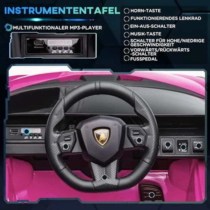 HOMCOM Lamborghini SIAN SUV-Elektroauto, 12V mit Fernbedienung, Musik (MP3/USB), LED-Lichtern, rosa, 108 x 62 x 40 cm, für Kinder 37-60 Monate – Bild 4