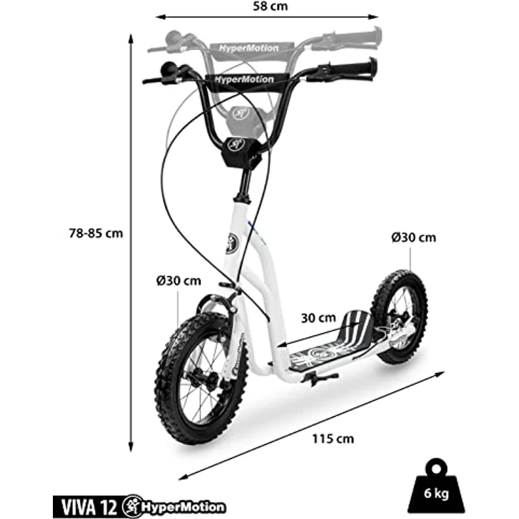 HyperMotion VIVA 12 Roller, Tretroller mit großen Luftreifen, höhenverstellbar 78-85 cm, 2 Bremsen, klappbarer Ständer, weiß – Bild 4